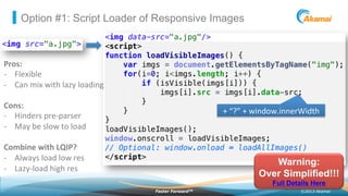 ©2013 AkamaiFaster ForwardTM
Option #1: Script Loader of Responsive Images
Warning:
Over Simplified!!!
Full Details Here
Pros:	
  
-­‐  Flexible	
  
-­‐  Can	
  mix	
  with	
  lazy	
  loading	
  
	
  
Cons:	
  
-­‐  Hinders	
  pre-­‐parser	
  
-­‐  May	
  be	
  slow	
  to	
  load	
  
	
  
Combine	
  with	
  LQIP?	
  
-­‐  Always	
  load	
  low	
  res	
  
-­‐  Lazy-­‐load	
  high	
  res	
  
+	
  “?”	
  +	
  window.innerWidth	
  
 