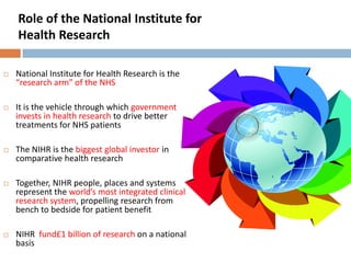 Role of the National Institute for
Health Research
 National Institute for Health Research is the
“research arm” of the N...