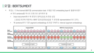 모델: BERTSUMEXT
• 특징1: 기 Pre-trained BERT를 summarization task 수행을 위한 embedding layer로 활용하려면?
→ 여러 sentence를 하나의 인풋으로 넣어줘야 함
• Input document에서 매 문장의 앞에 [CLS] 토큰을 삽입
( [CLS] 토큰에 대응하는 BERT 결과값(T[CLS])을 각 문장별 representation으로 간주)
• 매 sentence마다 다른 segment embeddings 토큰을 더해주는 interval segment embeddings
8
 