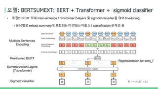 모델: BERTSUMEXT: BERT + Transformer + sigmoid classifier
Multiple Sentences
Encoding
Pre-trained BERT
Summarization Layers
(Transformer)
Sigmoid classifier σ σ σ
“Representation for sent_i”
• 특징2: BERT 위에 inter-sentence Transformer 2-layers 및 sigmoid classifier를 얹어 fine-tuning
→ 문장별로 extract summary에 포함되는지 안되는지를 0,1 classification 문제로 품
 
