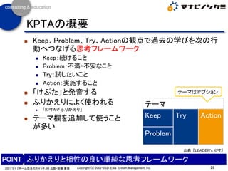 KPTAの概要
◼ Keep、Problem、Try、Actionの観点で過去の学びを次の行
動へつなげる思考フレームワーク
◼ Keep：続けること
◼ Problem：不満・不安なこと
◼ Try：試したいこと
◼ Action：実施するこ...