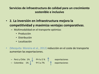Servicios de infraestructura de calidad para un crecimiento
sostenible e inclusivo
• 2. La inversión en infraestructura mejora la
competitividad y maximiza ventajas comparativas.
– Multimodalidad en el transporte optimiza:
• Producción
• Distribución
• Localización
• (Mezquita Moreira et al., 2012) reducción en el coste de transporte
aumentan las exportaciones.
– Perú y Chile: 1%  4 a 5 % exportaciones
– Colombia: 1%  5 a 7% exportaciones
 