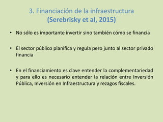 3. Financiación de la infraestructura
(Serebrisky et al, 2015)
• No sólo es importante invertir sino también cómo se financia
• El sector público planifica y regula pero junto al sector privado
financia
• En el financiamiento es clave entender la complementariedad
y para ello es necesario entender la relación entre Inversión
Pública, Inversión en Infraestructura y rezagos fiscales.
 
