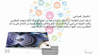 
‫الصناعي‬ ‫المجال‬
:
‫أن‬ ‫المتقدمة‬ ‫الدول‬ ‫أدركت‬
‫اإلبتكار‬
‫المبتك‬ ‫شجعت‬ ‫لذلك‬ ،‫دولة‬ ‫أي‬ ‫نجاح‬ ‫سر‬ ‫هما‬ ‫واإلبداع‬
‫رين‬
‫النتيجة‬ ‫وكانت‬
‫هى‬
‫ع‬ ‫اإلنتاج‬ ‫من‬ ‫جديدة‬ ‫لخطة‬ ‫فورد‬ ‫المعروفة‬ ‫السيارات‬ ‫شركة‬ ‫تبني‬
‫أحد‬ ‫يد‬ ‫لى‬
‫جديد‬ ‫فارهة‬ ‫سيارات‬ ‫أسطول‬ ‫بإنتاج‬ ‫قامت‬ ‫أن‬ ‫عليها‬ ‫ترتب‬ ‫المبتكرين‬
.
‫العتيبي‬ ‫لينا‬
9
 