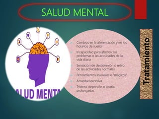 SALUD MENTAL
Tratamiento
 Cambios en la alimentación y en los
horarios de sueño
 Incapacidad para afrontar los
problemas o las actividades de la
vida diaria
 Sensación de desconexión o retiro
de las actividades normales
 Pensamientos inusuales o "mágicos"
 Ansiedad excesiva
 Tristeza, depresión o apatía
prolongadas
 