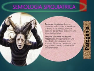 SEMIOLOGIA SPIQUIATRICA
Patogenia
 Trastornos disociativos. Estos son
trastornos en los cuales el sentido de
sí mismo se ve alterado, como el
trastorno de identidad disociativa y la
amnesia disociativa.
 Síntomas somáticos y trastornos
relacionados. Una persona con uno
de estos trastornos puede tener
síntomas físicos que causan una gran
angustia emocional y problemas de
funcionamiento.
 
