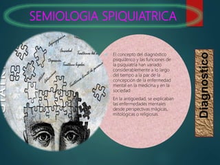 SEMIOLOGIA SPIQUIATRICA
Diagnostico
 El concepto del diagnóstico
psiquiátrico y las funciones de
la psiquiatría han variado
considerablemente a lo largo
del tiempo a la par de la
concepción de la enfermedad
mental en la medicina y en la
sociedad
 En la antigüedad, se explicaban
las enfermedades mentales
desde perspectivas mágicas,
mitológicas o religiosas.
 