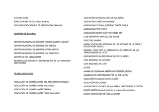 CASA DEL CURA
ESPACIO POZAS 14 (Cruz Roja Madrid)
EOF ASOCIACIÓN EQUIPO DE ORIENTACIÓN FAMILIAR
CENTROS DE MAYORES
CENTRO MUNICIPAL DE MAYORES “BENITO MARTÍN LOZANO”
CENTRO MUNICIPAL DE MAYORES DOS AMIGOS
CENTRO MUNICIPAL DE MAYORES ANTÓN MARTÍN
CENTRO MUNICIPAL DE MAYORES SAN FRANCISCO
CENTRO DE DÍA SARQUAVITAE
RESIDENCIA DE MAYORES Y CENTRO DE DÍA DE LA FUNDACIÓN
MONTSERRAT
TEJIDO ASOCIATIVO
ASOCIACIÓN DE COMERCIANTES DEL MERCADO DE BARCELÓ
ASOCIACIÓN DE COMERCIANTES MOSTENSES
ASOCIACIÓN DE COMERCIANTES TRIBALL
ASOCIACIÓN DE COMERCIANTES “VIVE MALASAÑA”
ASOCIACIÓN DE HOSTELEROS DE MALASAÑA
ASOCIACIÓN CARPETANIA MADRID
ASOCIACION CULTURAL ENTORNO CONDE DUQUE
ASOCIACIÓN ESTO ES PEZ
ASOCIACIÓN GRUPO SCOUT PLÉYADES 569
CLUB DEPORTIVO SANTIAGO EL MAYOR
VOCES DEL BARRIO
APRAM: ASOCIACIÓN INTEGRAL DE LAS VÍCTIMAS DE LA TRATA Y
EXPLOTACIÓN SEXUAL
HETAIRA: COLECTIVO EN DEFENSA DE LOS DERECHOS DE LAS
TRABAJADORAS DEL SEXO
ASOCIACION DE MUJERES EN MITAD DE EN MEDIO
CASA REGIONAL DE ASTURIAS
CASA REGIONAL DE LEÓN
ACCEM
ASAMBLEA CIUDADANA BARRIO UNIVERSIDAD (ACIBU)
ASAMBLEA DE COOPERACIÓN POR LA PAZ (ACPP)
ASOCIACIÓN ECOLOGISTAS EN ACCIÓN
ASOCIACIÓN REALIDADES
ASOCIACION DE VECINOS DE MALASAÑA, UNIVERSIDAD Y CENTRO
EQUIPO ANDECHA (participación y trabajo Comunitario)
GALEHI ASOCIACIÓN DE FAMILIAS LGTBI
 