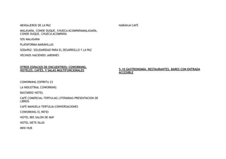 MENSAJEROS DE LA PAZ
MALASAÑA, CONDE DUQUE, CHUECA ACOMPAÑAMALASAÑA,
CONDE DUQUE, CHUECA ACOMPAÑA
SOS MALASAÑA
PLATAFORMA MARAVILLAS
SODePAZ: SOLIDARIDAD PARA EL DESARROLLO Y LA PAZ
VECINOS HACIENDO JARDINES
OTROS ESPACIOS DE ENCUENTROS: COWORKING,
HOTELES, CAFÉS, Y SALAS MULTIFUNCIONALES
COWORKING ESPÍRITU 23
LA INDUSTRIAL COWORKING
BASTARDO HOTEL
CAFÉ COMERCIAL-TERTULIAS LITERARIAS-PRESENTACION DE
LIBROS
CAFÉ MANUELA-TERTULIA-CONVERSACIONES
COWORKING EL PATIO
HOTEL IBIS SALON DE MAY
HOTEL SIETE ISLAS
MINI HUB
NARANJA CAFÉ
5.10 GASTRONOMÍA, RESTAURANTES, BARES CON ENTRADA
ACCESIBLE
 
