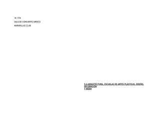 YA´STA
SALA DE CONCIERTO SIROCO
MARAVILLAS CLUB
5.6 ARQUITECTURA, ESCUELAS DE ARTES PLÁSTICAS, DISEÑO,
DECORACIÓN
Y MODA
 
