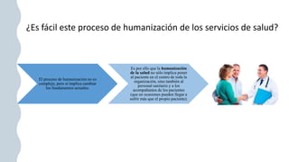 ¿Es fácil este proceso de humanización de los servicios de salud?
El proceso de humanización no es
complejo, pero sí implica cambiar
los fundamentos actuales.
Es por ello que la humanización
de la salud no sólo implica poner
al paciente en el centro de toda la
organización, sino también al
personal sanitario y a los
acompañantes de los pacientes
(que en ocasiones pueden llegar a
sufrir más que el propio paciente).
 