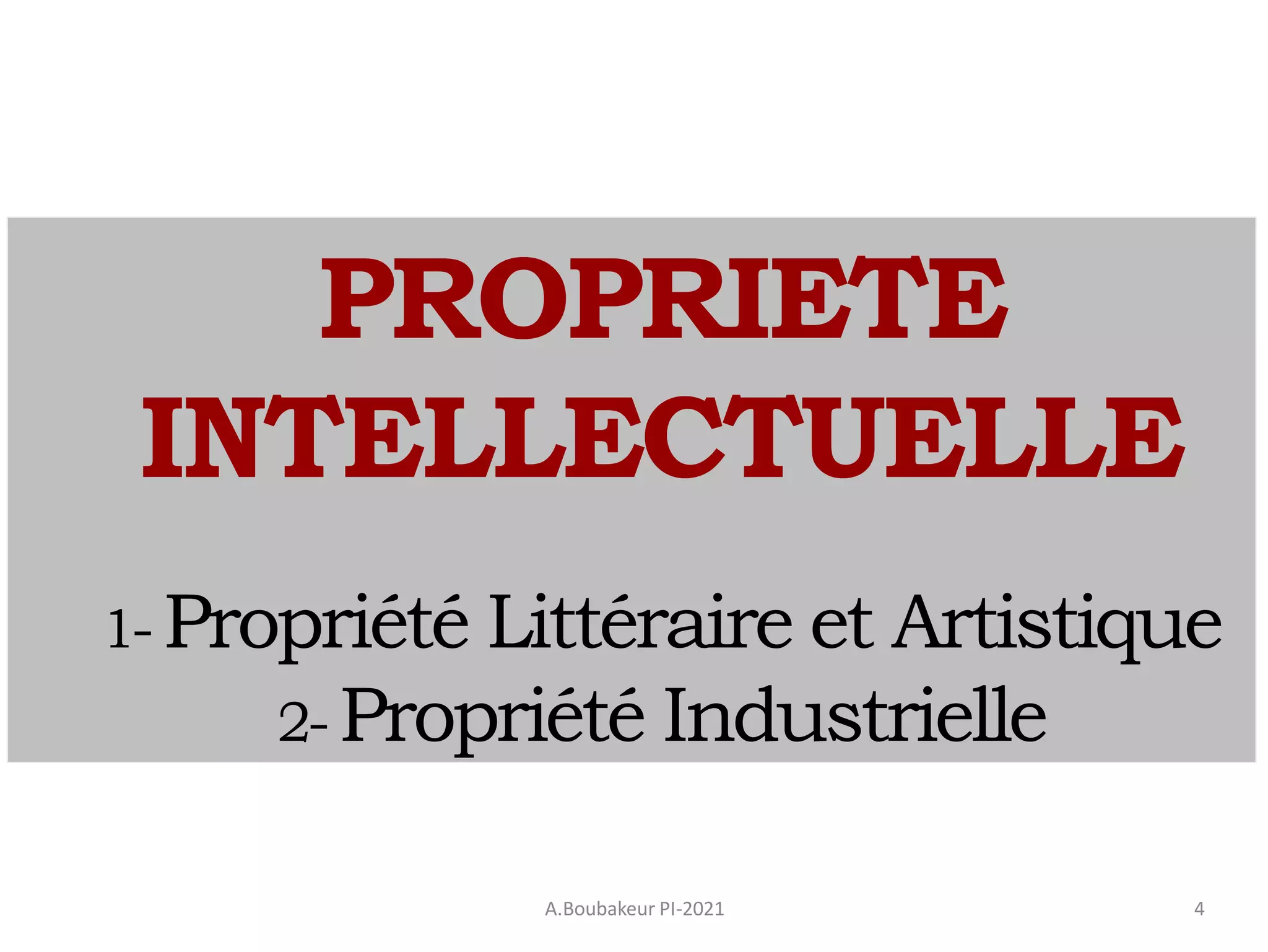 A.Boubakeur PI-2021 4
PROPRIETE
INTELLECTUELLE
1- Propriété Littéraire et Artistique
2- Propriété Industrielle
 