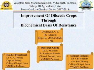 Vasantrao Naik Marathwada Krishi Vidyapeeth, Parbhani
College Of Agriculture, Latur
Post – Graduate Seminar Series: 2017-2018
Improvement Of Oilseeds Crops
Through
Biochemical Basis Of Resistance
Deshmukh A. S.
PG- Student
Reg. No. 2016A/28ML
GPB
Seminar Incharge
Dr. P. B. Wadikar
Asst. Prof. Botany
College Of Agri. Latur.
VNMKV, Parbhani.
Research Guide
Dr. A. M. Misal
Jr. Sunflower Breeder
Oilseed Station, Latur
VNMKV, Parbhani.
Head of Department
Dr. V. N. Toprope
Dept. of Botany
College Of Agri. Latur.
VNMKV, Parbhani.
 