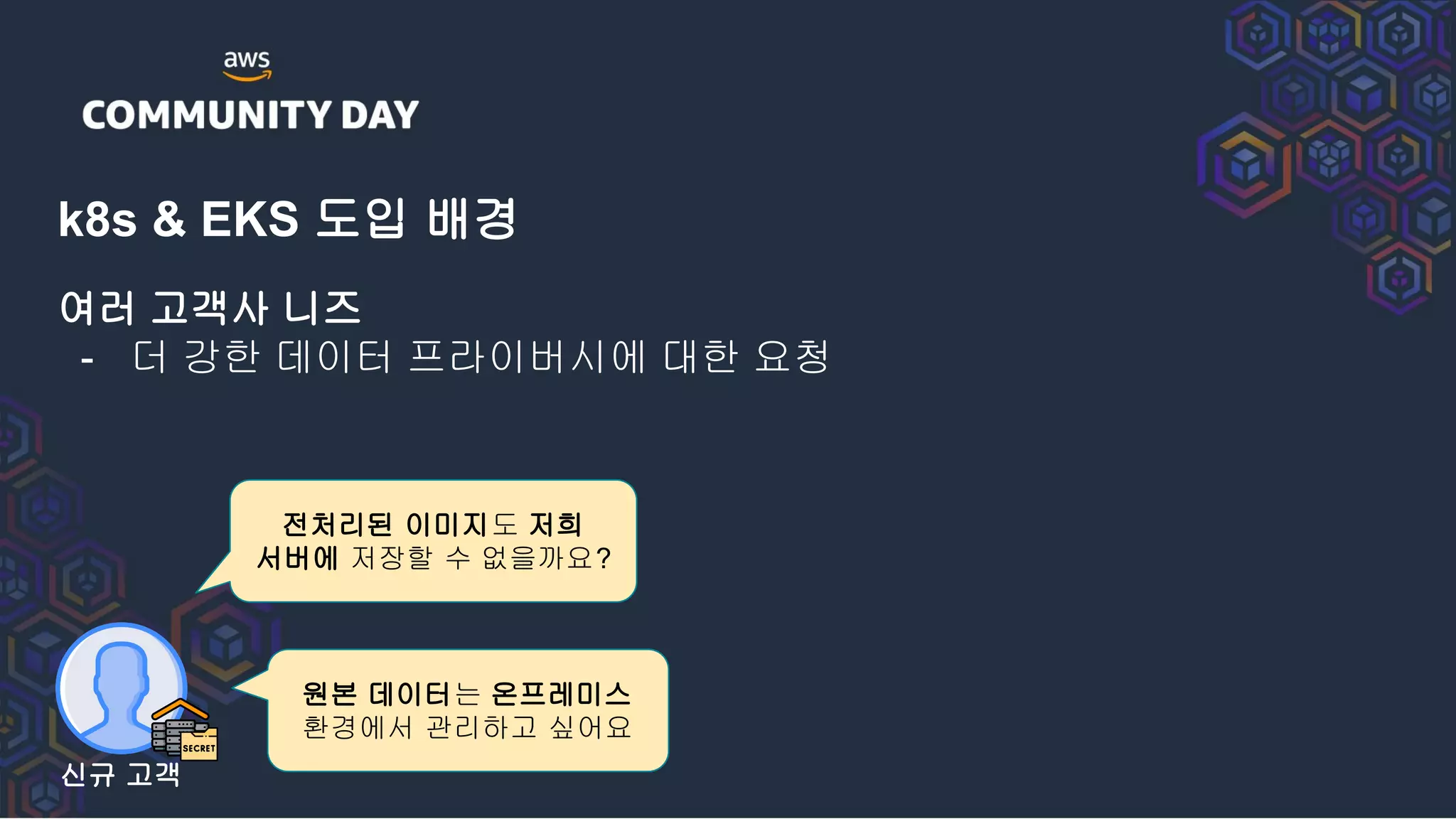 k8s & EKS 도입 배경
여러 고객사 니즈
- 더 강한 데이터 프라이버시에 대한 요청
원본 데이터는 온프레미스
환경에서 관리하고 싶어요
전처리된 이미지도 저희
서버에 저장할 수 없을까요?
신규 고객
 