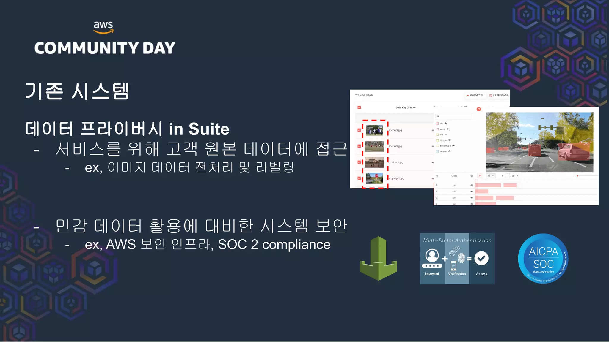 기존 시스템
데이터 프라이버시 in Suite
- 서비스를 위해 고객 원본 데이터에 접근
- ex, 이미지 데이터 전처리 및 라벨링
- 민감 데이터 활용에 대비한 시스템 보안
- ex, AWS 보안 인프라, SOC 2 compliance
 