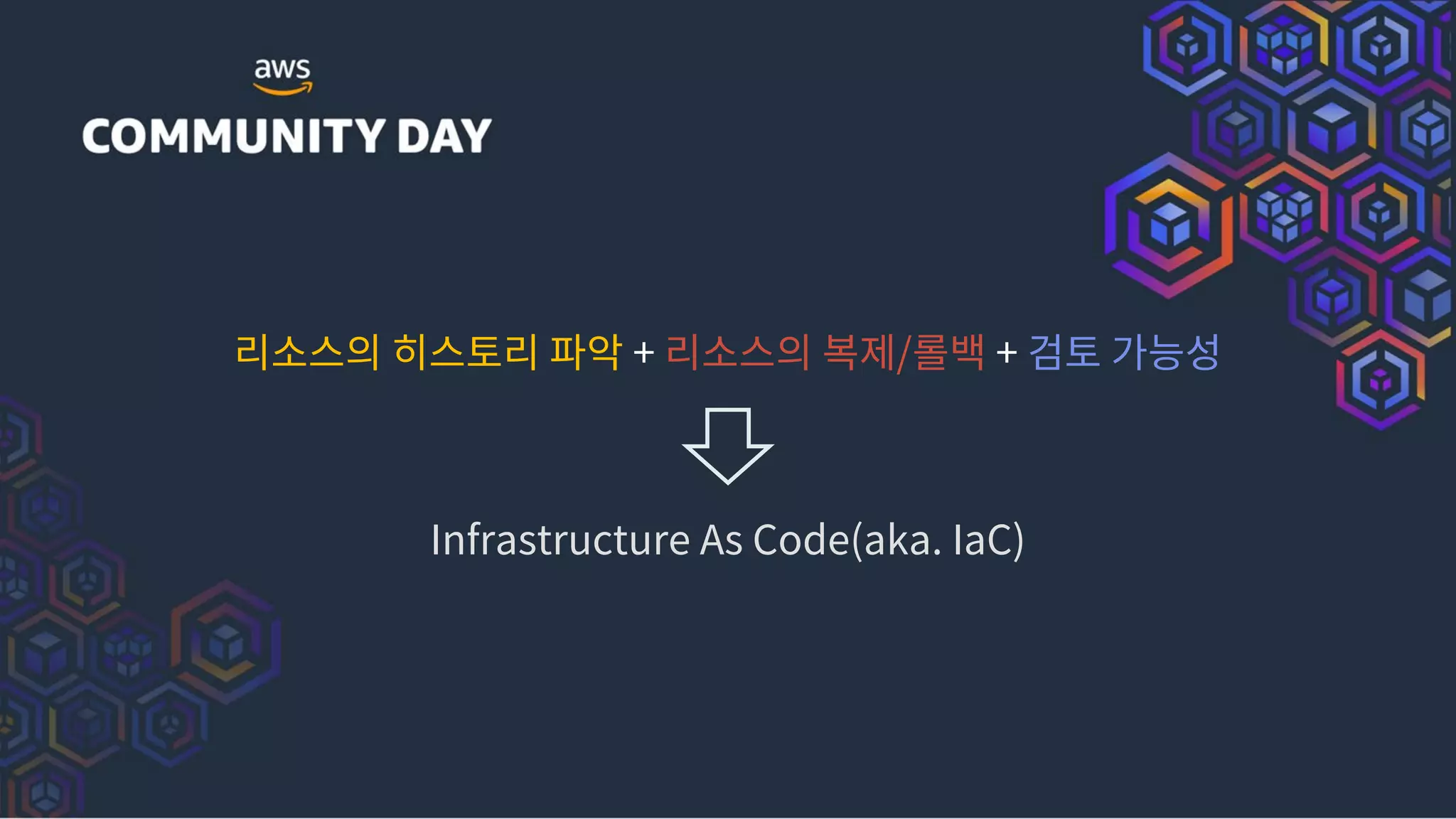 리소스의 히스토리 파악 + 리소스의 복제/롤백 + 검토 가능성
Infrastructure As Code(aka. IaC)
 