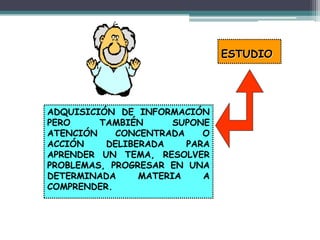 ESTUDIO
ADQUISICIÓN DE INFORMACIÓN
PERO TAMBIÉN SUPONE
ATENCIÓN CONCENTRADA O
ACCIÓN DELIBERADA PARA
APRENDER UN TEMA, RESOLVER
PROBLEMAS, PROGRESAR EN UNA
DETERMINADA MATERIA A
COMPRENDER.
 