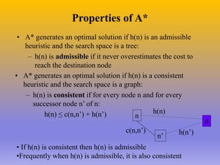 Properties of A*
• A* generates an optimal solution if h(n) is an admissible
heuristic and the search space is a tree:
– h(n) is admissible if it never overestimates the cost to
reach the destination node
• A* generates an optimal solution if h(n) is a consistent
heuristic and the search space is a graph:
– h(n) is consistent if for every node n and for every
successor node n’ of n:
h(n) ≤ c(n,n’) + h(n’) n
n’
d
h(n)
c(n,n’) h(n’)
• If h(n) is consistent then h(n) is admissible
•Frequently when h(n) is admissible, it is also consistent
 