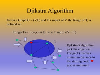 Djikstra Algorithm
T
Given a Graph G = (V,E) and T a subset of V, the fringe of T, is
defined as:
Fringe(T) = { (w,x) in E : w  T and x V − T}
Djikstra’s algorithm
pick the edge v in
Fringe(T) that has
minimum distance to
the starting node
g(v) is minimum
 