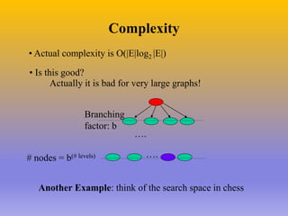 Complexity
• Actual complexity is O(|E|log2 |E|)
• Is this good?
Actually it is bad for very large graphs!
Branching
factor: b
….
….
# nodes = b(# levels)
Another Example: think of the search space in chess
 