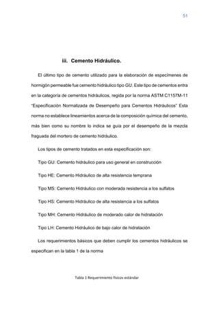 51
iii. Cemento Hidráulico.
El último tipo de cemento utilizado para la elaboración de especímenes de
hormigón permeable fue cemento hidráulico tipo GU. Este tipo de cementos entra
en la categoría de cementos hidráulicos, regida por la norma ASTM C1157M-11
“Especificación Normalizada de Desempeño para Cementos Hidráulicos” Esta
norma no establece lineamientos acerca de la composición química del cemento,
más bien como su nombre lo indica se guía por el desempeño de la mezcla
fraguada del mortero de cemento hidráulico.
Los tipos de cemento tratados en esta especificación son:
Tipo GU: Cemento hidráulico para uso general en construcción
Tipo HE: Cemento Hidráulico de alta resistencia temprana
Tipo MS: Cemento Hidráulico con moderada resistencia a los sulfatos
Tipo HS: Cemento Hidráulico de alta resistencia a los sulfatos
Tipo MH: Cemento Hidráulico de moderado calor de hidratación
Tipo LH: Cemento Hidráulico de bajo calor de hidratación
Los requerimientos básicos que deben cumplir los cementos hidráulicos se
especifican en la tabla 1 de la norma
Tabla 1 Requerimiento físicos estándar
 