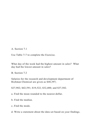 A. Section 7.1
Use Table 7-7 to complete the Exercise.
What day of the week had the highest amount in sales? What
day had the lowest amount in sales?
B. Section 7.2
Salaries for the research and development department of
Richman Chemical are given as $48,397;
$27,982; $42,591; $19,522; $32,400; and $37,582.
a. Find the mean rounded to the nearest dollar.
b. Find the median.
c. Find the mode.
d. Write a statement about the data set based on your findings.
 