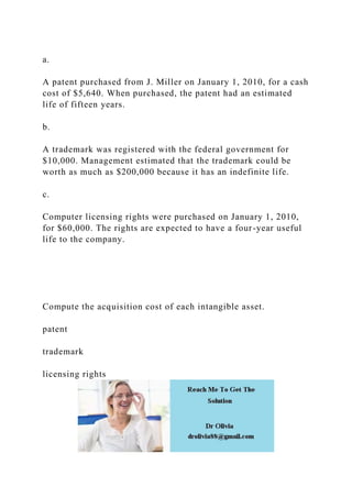 a.
A patent purchased from J. Miller on January 1, 2010, for a cash
cost of $5,640. When purchased, the patent had an estimated
life of fifteen years.
b.
A trademark was registered with the federal government for
$10,000. Management estimated that the trademark could be
worth as much as $200,000 because it has an indefinite life.
c.
Computer licensing rights were purchased on January 1, 2010,
for $60,000. The rights are expected to have a four-year useful
life to the company.
Compute the acquisition cost of each intangible asset.
patent
trademark
licensing rights
 