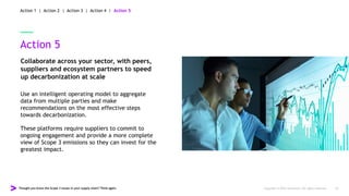 Thought you knew the Scope 3 issues in your supply chain? Think again. Copyright © 2022 Accenture. All rights reserved. 18
Action 5
Collaborate across your sector, with peers,
suppliers and ecosystem partners to speed
up decarbonization at scale
Use an intelligent operating model to aggregate
data from multiple parties and make
recommendations on the most effective steps
towards decarbonization.
These platforms require suppliers to commit to
ongoing engagement and provide a more complete
view of Scope 3 emissions so they can invest for the
greatest impact.
Action 1 | Action 2 | Action 3 | Action 4 | Action 5
 