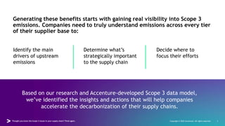 Thought you knew the Scope 3 issues in your supply chain? Think again.
Thought you knew the Scope 3 issues in your supply chain? Think again.
Generating these benefits starts with gaining real visibility into Scope 3
emissions. Companies need to truly understand emissions across every tier
of their supplier base to:
Identify the main
drivers of upstream
emissions
Copyright © 2022 Accenture. All rights reserved. 3
Determine what’s
strategically important
to the supply chain
Decide where to
focus their efforts
Based on our research and Accenture-developed Scope 3 data model,
we’ve identified the insights and actions that will help companies
accelerate the decarbonization of their supply chains.
 
