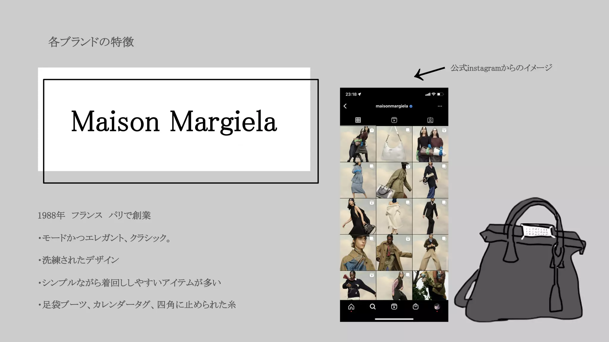 各ブランドの特徴
1988年 フランス パリで創業
・モードかつエレガント、クラシック。
・洗練されたデザイン
・シンプルながら着回ししやすいアイテムが多い
・足袋ブーツ、カレンダータグ、四角に止められた糸
公式instagramからのイメージ
←
Maison Margiela
 