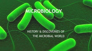MICROBIOLOGY
HISTORY & DISCOVERIES OF
THE MICROBIAL WORLD
 