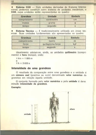 12
• Sistema CGS — Com unidade® derivada» do Sistoma Interna*
cional, podemos construir outro sistema de unidades mecânicas, o
CGS. cujas unidades estão representadas no quadro:
Grandeza Unidade Símbolo
comprimento centímetro cm
massa grama g
tempo segundo s
• Sistema Técnico — É tradicionalmente utilizado em áreas téc­
nicas Suas unidades fundamentais são apresentadas no quadro:
Grandeza Unidade Símbolo
comprimento metro m
força quilograma-furça kgf
tempo segundo s
Usualmente adotam-se, ainda, as unidades quilômetro (compri­
mento) e hora (tempo), onde:
1 km = 1 000 m
e
1 h = 3 600 s
Intensidade de uma grandeza
O resultado da comparação entre uma grandeza e a unidade é
um número real (positivo ou nulo) denominado valor numérico da
grandeza em relação àquela unidade.
O conjunto formado pelo valor numérico e pela unidade é deno
minado intensidade da grandeza.
Exemplo:
 