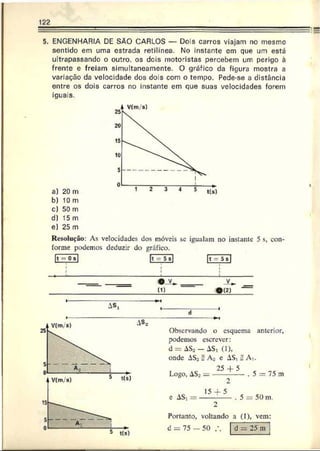 122
5. ENGENHARIA DE SÃO CARLOS — Dois carros viajam no mesmo
sentido em uma estrada retilínea. No instante em que um está
ultrapassando o outro, os deis motoristas percebem um perigo à
frente e freiam simultaneamente. O gráfico da figura mostra a
variação da velocidade dos dois com o tempo. Pede-se a distância
entre os dois carros no instante em que suas velocidades forem
iguais.
a) 20 m
b) 10 m
c) 50 m
d) 15 m
e) 25 m
Resolução: As velocidades dos móveis sc igualam no instante 5 s, con­
forme podemos deduza- do gráfico.
|t = 0 s| E Z H ] t = 5s
(1 )
v^
• (2 )
AS,
AS.
Observando o esquema anterior,
podemos escrever:
d = AS2 -A S , (1),
onde AS2 = A-
2 e AS, ^ A,.
i c 25 + 5
Logo, ASj = ------------ . 5 =: 75 m
e AS,
15 + 5
. 5 = 50 m.
Portanto, voltando a (I), vem:
d — 75 — 50 fd = 25 m
 