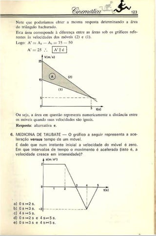 123
Note eue poderíamos obter a mesma resposta determinando a área
do triângulo hachurado.
Es:a área corresponde à diferença entre as áreas sob os gráficos refe­
rentes às velocidades dos móveis (2 ) e (1 ).
Logo: A' = A2 — Ai = 75 -
A '= 25 [717
50
Ou seja, a área em questão representa numericamente a distância entre
os móveis quando suas velocidades são iguais.
Resposta: altern ativ a e.
6. MEDICINA DE TAUBATÉ — O gráfico a seguir representa a ace­
leração versus tempo de um móvel.
É dado que num instante inicial a velocidade do móvel é zero.
Em que intervalos de tempo o movimento é acelerado (isto é, a
velocidade cresce em intensidade)?
d) 0 s m 2 s e 4 Sm 5 s.
e) 0 s h 3 s e 4 s h 5 s .
L
 