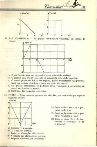 12. PUC (CAMPINAS) — No gráfico representa-se velocidade em função do
tempo:
a) O movimento tem um só sentido com velocidade variável.
b) O gráfico está errado, pois não se representa velocidade negativa.
c) O móvel percorreu 3 m e, cm seguida, parou bruscamente; fez percurso
igual cm sentido contrário e parou no ponto de partida.
d) Do gráfico apresentado só podemos obter velocidade e aceleração do
móvel em função do tempo.
C
) Nenhuma das respostas anteriores.
13. FATEC — L'ma partícula percorre um eixo Ox com velocidade que segue o
diagrama abaixo:
V(m/s)
(1) Entre as datas Ose 2 s o per­
curso mede 8 m.
(2) Entre as datas 0 s e 4 s o per­
curso resultante é nulo.
(3) Entre as datas 2 s e 4 s (ex­
clusive) a aceleração é de
■♦•4,0m/s1
23
.
a) Somente (I) c correta.
b) (1) c (3) são corretas.
c) Todas as afirmações são corretas.
d) Nenhuma das afirmações c correta,
c) Resposta diferente das anteriores.
 