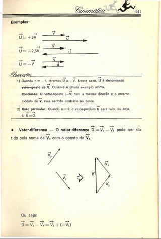 141
Exemplos:
U = +2V
ffló a w a p feà -
1) Quando n = —1, teremos U = —V. Neste caso. U é denominado
vetor-oposto ce V
. Observe o último exemplo acima.
Conclusão: O vetor-oposto (—V) tem a mesma direção e o mesmo
módulo de V. mas sontido contrário ao deste.
2) Caso particular: Quando n = 0. o vetor-produto U será nulo. ou seja.
0. ü = O.
• Vetor-diferença — O vetor-diferença D = Va —Vi pode ser ob-
— ► — ►
tido pela soma de Va com o oposto de Vj.
 