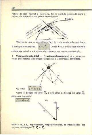 148
Possui direção normal à trajetória, tendo sentido orientado para o
centro da trajetória, no ponto considerado.
Verifica-se que a intensidade
é dada pela expressão
V-
ar —
ac) do vetor-aceieração-centripeta
, onde V é a intensidade da velo-
cidade do móvel e r é o raio da trajetória no ponto considerado.
• Vetor-aceleração-total — O vetor-aceleração-total é a soma ve­
torial dos vetores aceleração tangencial e aceleração centrípeta.
Ou seja:
—
>
Como a direção do vetor aT é ortogonal à direção do vetor ac
podemos escrever:
r® ~ aT — ar .
onde Y. aT e ac representam, respectivamente, as intensidades dos
vetores aceleração T i e Ç
 