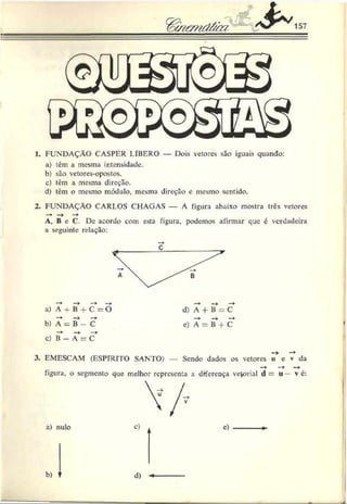 1. FUNDAÇÃO CASPER LIBERO — Dois vetores são iguais quando:
a) têm a mesma intensidade.
b) são vctores-opostos.
c) têm a mesma direção.
d) têm o mesmo módulo, mesma direção e mesmo sentido.
2. FUNDAÇÀO CARLOS CHAGAS — A figura abaixo mostra três vetores
—
►—
> —
*
A. B c C. De acordo com esta figura, podemos afirmar que c verdadeira
a seguinte relação:
a) A + B + C = O
b) A = B - C
c) íT- A = C
d) A + B = C
e) A = íT-f C
3. EMESCAM (ESPÍRITO SANTO) — Sendo dados os vetores u e v da
figura, o segmento que melhor representa a diferença veforial d = u v é:
a) nulo c) c)
b) d)
 