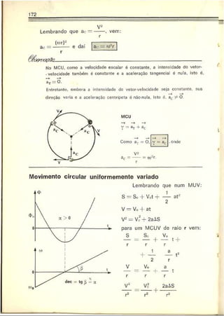 172
v-
Lembrando que a<
: = -----, vem:
r
(wr)-
ac = -------- e dai
r
& ó& rxz#2a.___________
No MCI), como a velocidade escalar 6 constante, a intensidade do vetor-
-velocidade também é constante e a aceleração tangencial é nula. isto é.
7 r = 0 .
Entretanto, embora a intensidade do vetor-velocidade seja constante, sua
direção varia e a aceleração centrípeta é não-nula. isto é, ac O
t
MCU
ï = * r + «c
Como ar - O,
V-'
a(. = ----- = o)*r
r
v —a . onde
Movimento circular uniformemente variado
Lembrando que num MUV:
S = Su + Vot + — at2
2
V = V«, + at
V2= Vo + 2aAS
para um MCUV de raio r vem:
_S_ _So_ Vo t
r r r
1
2
t2
V
r
v-
-2
Vu a
-------1
-------t
r r
Vf 2aAS
-----+ ----------
 