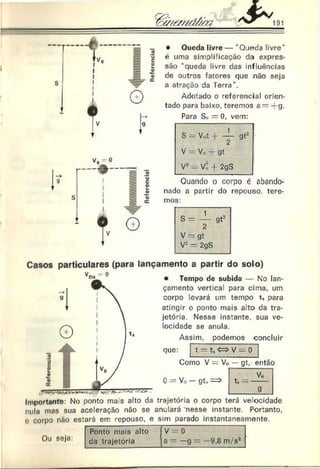 • Queda livre — "Queda livre"
é uma simplificação da expres­
são “queda livre das influências
de outros fatores que não seja
a atração da Terra".
Adotado o referencial orien­
tado para baixo, teremos a — —g.
Para S,>= 0, vem:
S — Vmí + — yl"
2
V ~ Vo - gt
V» ■
- Vo I 2gS
Quando o corpo é abando­
nado a partir do repouso, tere­
mos:
V — gt
V- ^ 2gS
Casos particulares (para lançamento a partir do solo)
• Tempo de subida — No lan­
çamento vertical para cima, um
corpo levará um tempo t» para
atingir o ponto mais alto da tra­
jetória. Nesse instante, sua ve­
locidade se anula.
Assim, podemos concluir
•v»r
Importante: No ponto mais alto da trajetória o corpo terá velocidade
nulu mos sua aceleração não se anulará nesse instante. Portanto,
o corpo não estará em repouso, e sim parado instantaneamente.
Ou seja:
Ponto mais alto V — 0
da trajetória a — —g = —9.8 m/s2
 
