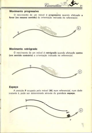 Movimento progressivo
«
O movimento de um móvel é progressivo quando efetuado a
favor (no mesmo sentido) da orientação indicada no referencial.
©
Movimento retrógrado
0 movimento de um móvel é retrógrado quando efetuado contra
(em sentido contrário) a orientação indicada no referencial.
©
Espaço
A posição P ocupada pelo móvel (M) num referencial, num dado
instante t. pode ser determinada através da grandeza espaço.
p
 