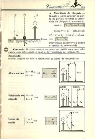 • Velocidade de chegada —
Quando o corpo retornar ao pon­
to de partida, teremos a veloci­
dade de chegada do movimento.
Assim: V —Vc
. <=> S — 0
Sendo V2= V* — 2gS. então:
v í = ví —2g . o=> v; = Vn=>
(movimento desenvolvido contra
o sentido do referencial)
if jf ji Conclusão: O móvel retorna ao ponto de partida com uma velo-
cldnde cuja intensidade é igual à da velocidade de lançamento.
Resumindo:
(móvel lançado do solo e retornando ao ponto de lançamento)
Altura máxima
Volocidade de , V = Vc
chegada h = 0
Tempo do
aubida
X = U
V = 0
 