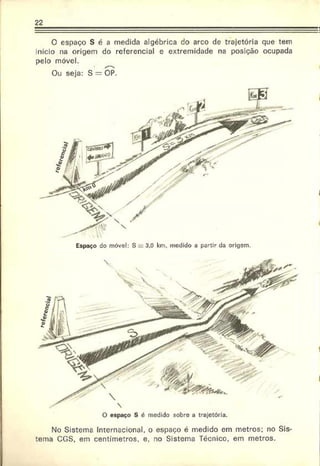 e#>
c/*/
22
0 espaço S é a medida algébrica do arco de trajetória que tem
início na origem do referencial e extremidade na posição ocupada
pelo móvel.
Ou seja: S = OP.
No Sistema Internacional, o espaço é medido em metros: no Sis­
tema CGS, em centímetros, e, no Sistema Técnico, em metros.
 