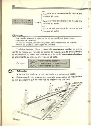 Jll/• : V-n/c — Yc/s
"4
^ Tm/s é o vetor-aceleração da mosca em
relação ao solo.
—
>
r m
-c é o vetor-aceleração da mosca em
onde < ,• .
relaçao ao carro.
Tf/* é o vetor-aceleração do carro em
v relação ao solo.
_____________________ _________________________________________________________
Esta relação somente é válida se os corpos envolvidos descreverem
movimento de translação
Em caso de rotação, uma terceira parcela será acrescentada no segundo
membro da igualdade (aceleração de Coriolis).
T^adicionalmente, dá-se o nome de movimento relativo ao movi­
mento da mosca em re ação ao carro; de movimento de arrastamento
ao movimento do carro em relação ao solo; e de movimento absoluto
ao movimento da mosca em relação ao solo.
Ou seja:
M O V m /c — movimento relativo
M OV./»m ovim ento de arrastamento
MOVni/h movimento absoluto
Aplicações
A teoria discutida pode ser aplicada nos seguintes casos:
• Determinação dos elementos vetoriais associados ao movimento
de um passageiro que se desloca no interior de um trem.
 