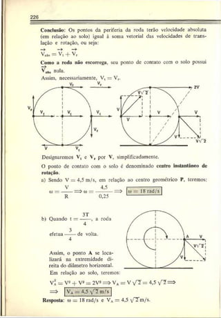 226
Conclusão: Os pontos da periferia da roda terão velocidade absoluta
(cm relação ao solo) igual à soma vetorial das velocidades dc trans­
lação e rotação, ou seja:
V,b» = Vt + VP
Como a roda não escorrega, seu ponto de contato com o solo possui
Vab
% nula.
Assim, necessariamente, Vt = Vr.
Designaremos V, e Vr por V, simplificadamcnte.
O ponto de contato com o solo é denominado centro instantâneo dc
rotação.
a) Sendo V = 4,5 m/s, cm relação ao centro geométrico P, teremos:
V 4,5
to = ------==> to = ----------=>
R 0,25
o
>— 18 rad/s
b) Quando t = -----, a roda
4
3
efetua------de volta.
4
Assim, o ponto A sc loca­
lizará na extremidade di­
reita do diâmetro horizontal.
Em relação ao solo, teremos:
Va = V2-1- V2 = 2V2= > VA= V /T = 4,5
VA= 4,5 m/s
Resposta: to = 18 rad/s e V A = 4,5 y T m / s .
 