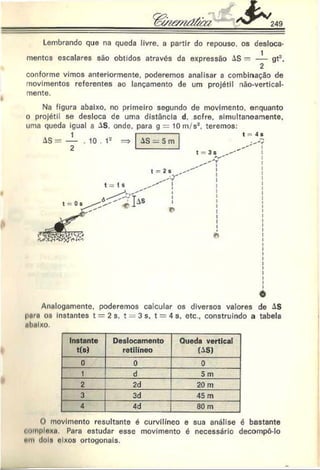 249
Lembrando que na queda livre, a partir do repouso, os desloca­
mentos escalares são obtidos através da expressão AS = —
— gt
2
conforme vimos anteriormente, poderemos analisar a combinação de
movimentos referentes ao lançamento de um projétil não-vertical-
mente.
Na figura abaixo, no primeiro segundo de movimento, enquanto
o projétil se desloca de uma distância d. sofre, simultaneamente,
uma queda igual a AS. onde. para g = 10rn/s2. teremos:
t
Analogamente, poderemos calcular os diversos valores de AS
paru os Instantes t = 2 s. t = 3 s, t = 4 s, etc., construindo a tabela
abaixo.
Instante
t(s)
Deslocamento
retilíneo
Queda vertical
(AS)
0 0 0
1 d 5 m
2 2d 20 m
3 3d 45 m
4 4d 80 m
O movimento resultante é curvilíneo e sua análise é bastante
complexa. Para estudar esse movimento é necessário decompô-lo
em dois eixos ortogonais.
 