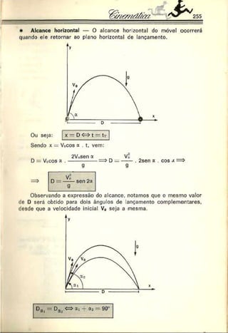 ^ 255
• Alcance horizontal — O alcance horizontal do móvel ocorrerá
quando ele retornar ao plano horizontal de lançamento.
Ou seja:
Sendo x —
x — D <=>t — t r
Vocos a . t, vem:
D = Vecos a
2V.,sen x
D
VÜ
. 2sen x . cos x
sen 2a
Observando a expressão do alcance, notamos que o mesmo valor
do D será obtido para dois ângulos de ançamento complementares,
desde que a velocidade inicial V0 seja a mesma.
Daj = Da.
y <=>X: - a> — 90'
 