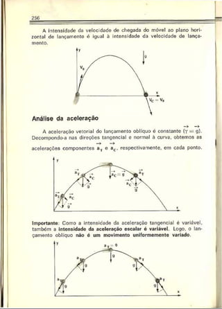 256
A intensidade da veloc:dade de chegada do móvel ao plano hori­
zontal de lançamento é igual à intensidade da velocidade de lança­
mento.
Análise da aceleração
—
> —
>
A aceleração vetorial do lançamento oblíquo é constante (y = g).
Decompondo-a nas direções tangencial e normal à curva, obtemos as
— > — >
acelerações componentes a , e ac , respectivamente, em cada ponto.
Importante: Como a intensidade da aceleração tangencial é variável,
também a intensidade da aceleração escalar é variável. Logo. o lan­
çamento oblíquo não é um movimento uniformemente variado.
 