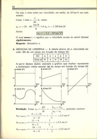 50
Ou seja, o trem reduz sua velocidade, cm média, de 20km/h em cada
minuto.
Como 1min = ------h, entào:
60
am= -2 0 . 60 km — => am= —1 200 km/h2
h
Assim:
a,3 : 1.2 . 103km/h2|
O sinal menos (—) significa que a velocidade escalar do móvel diminui
algebricamente.
Resposta: alternativa e.
9. MEDICIMA DE LONDRINA — A tabela abaixo dá a velocidade es­
calar (V) de um corpo em função do tempo (t):
t(s) 0 2 4 6 8
V(cm's) -3 4 1
1 18 25
A pa-tir destes dados, assinale o gráfico que melhor representa
am«
o*ih 2(| = ---------------- — H
--------- — -f-3,5 cm/ s
2 - 0 2
B in <2 « H <*1 = ------------------ = H------------— - j- 3 , 5 c m / s - '
4 - 2 2
|-------= -f 3,5 cm/s*
. 2
a.-ii<
4aH 6sl —
6 - 4
 