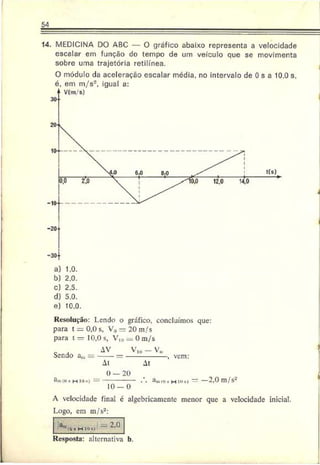 54
14. MEDICINA DO ABC — O gráfico abaixo representa a velocidade
escalar em função do tempo de um veículo que se movimenta
sobre uma trajetória retilínea.
O módulo da aceleração escalar média, no intervalo de 0 s a 10.0 s.
b) 2.0.
c) 2.5.
d) 5.0.
e) 10.0.
Resolução: Lendo o gráfico, concluímos que:
para t = 0,0 s, Vrt — 20 m/s
para t = I0,0s, V10= Om/s
c . AV V|0 — V„
benao a*. = ------= ---------------- , vem:
At At
0 — 20
âjiMOHHio*.)----------------. . am
(o,sH»'»*) ——2,0 m/s*
1 0 - 0
A velocidade final é aleebricamcnte menor que a velocidade inicial.
Logo, em m/s2:
Resposta: alternativa b.
<
<f s H 10 *1
- 2.0
 
